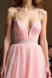 Pink Beaded Waist Tiered A Line V Neck Prom Dress