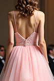 Pink Beaded Waist Tiered A Line V Neck Prom Dress