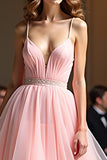 Pink Beaded Waist Tiered A Line V Neck Prom Dress