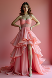 Sweet Pink Beaded High-Low Ruffled Prom Dress