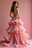 Sweet Pink Beaded High-Low Ruffled Prom Dress