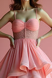 Sweet Pink Beaded High-Low Ruffled Prom Dress