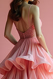 Sweet Pink Beaded High-Low Ruffled Prom Dress