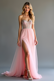 Pink Sweetheart Beaded A Line High-Slit Prom Dress