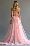 Pink Sweetheart Beaded A Line High-Slit Prom Dress