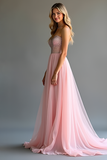 Pink Sweetheart Beaded A Line High-Slit Prom Dress