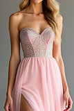 Pink Sweetheart Beaded A Line High-Slit Prom Dress