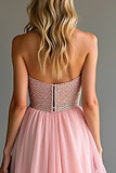 Pink Sweetheart Beaded A Line High-Slit Prom Dress