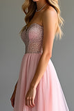 Pink Sweetheart Beaded A Line High-Slit Prom Dress