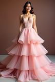 Organza Tiered A Line Beaded Sweetheart Pink Prom Dress