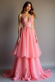 Lace Pink Organza V Neck A Line Tiered Prom Dress