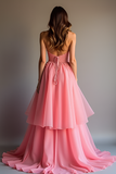 Lace Pink Organza V Neck A Line Tiered Prom Dress