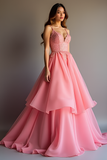 Lace Pink Organza V Neck A Line Tiered Prom Dress