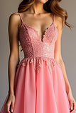 Lace Pink Organza V Neck A Line Tiered Prom Dress