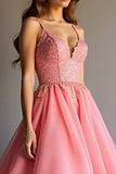 Lace Pink Organza V Neck A Line Tiered Prom Dress