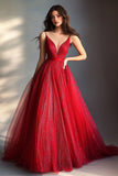 Glitter Red A Line Deep V-Neck Prom Dress