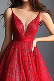 Glitter Red A Line Deep V-Neck Prom Dress