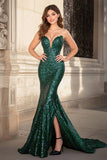 Dark Green Mermaid V-Neck Sequins Prom Dress