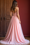 Graceful A Line Organza Pink V Neck Prom Dress