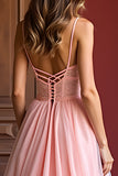 Graceful A Line Organza Pink V Neck Prom Dress