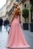 Strapless Lace Pink Organza Prom Dress with Slit