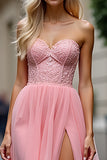 Strapless Lace Pink Organza Prom Dress with Slit