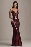 Sparkly Burgundy Mermaid Long Formal Dress