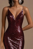 Burgundy V-Neck Long Formal Dress With Sequins