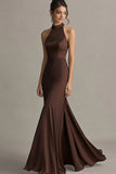 Coffee Mermaid Halter Long Formal Dress