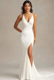 White Mermaid V-Neck Long Formal Dress With Slit