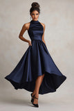 Blue A Line Halter Satin Formal Dress