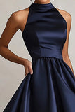 Blue A Line Halter Satin Formal Dress