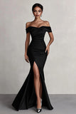 Off The Shoulder Mermaid Long Black Tie Dress With Slit