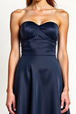 Blue A Line Satin Tea-Length Formal Dress