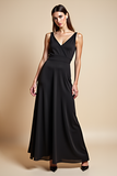 V-Neck Satin Long Black Tie Dress