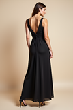 V-Neck Satin Long Black Tie Dress