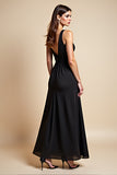 V-Neck Satin Long Black Tie Dress