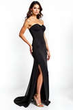 Strapless Satin Long Black Tie Dress With Slit