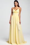 Yellow Spaghetti Straps Satin Long Wedding Guest Dress