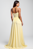 Yellow Spaghetti Straps Satin Long Wedding Guest Dress