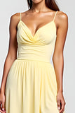 Yellow Spaghetti Straps Satin Long Wedding Guest Dress