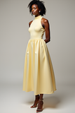 A Line Halter Yellow Tea-Length Wedding Guest Dress