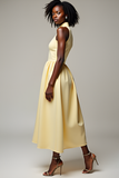 A Line Halter Yellow Tea-Length Wedding Guest Dress