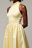 A Line Halter Yellow Tea-Length Wedding Guest Dress