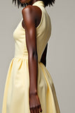 A Line Halter Yellow Tea-Length Wedding Guest Dress