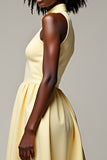 A Line Halter Yellow Tea-Length Wedding Guest Dress