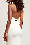 White Halter Mermaid Long Formal Dress With Slit