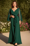 Green V-Neck A Line Long Sleeve Mother of the Bride Dress