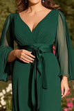 Green V-Neck A Line Long Sleeve Mother of the Bride Dress