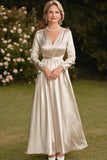 Champagne A Line Long Sleeve Satin Mother of the Bride Dress